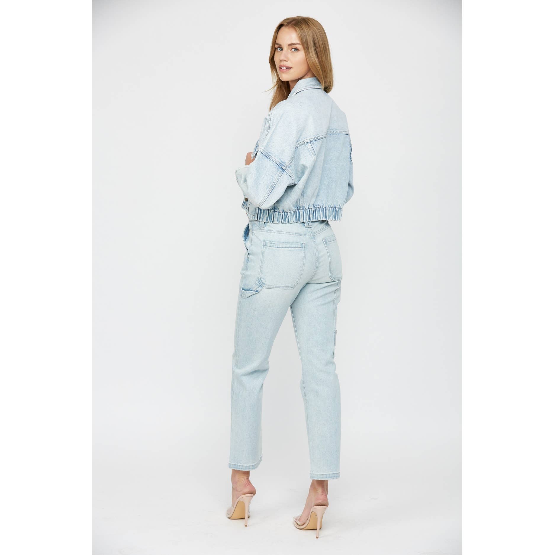 PREHNITE CROPPED DENIM JACKET W ELASTIC BAND for wholesale on Faire6