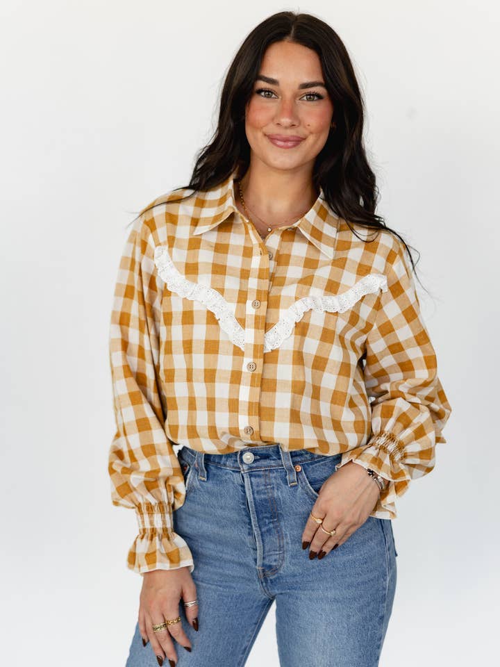 TH75 BROWN GINGHAM RUFFLE TOP (7 Piece) for wholesale by Turquoise Haven