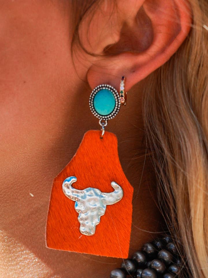 Take A Number Cowboy Orange Cowhide Copper Cow Skull Stud Earrings for wholesale by GRACE+EMMA by Southern Grace