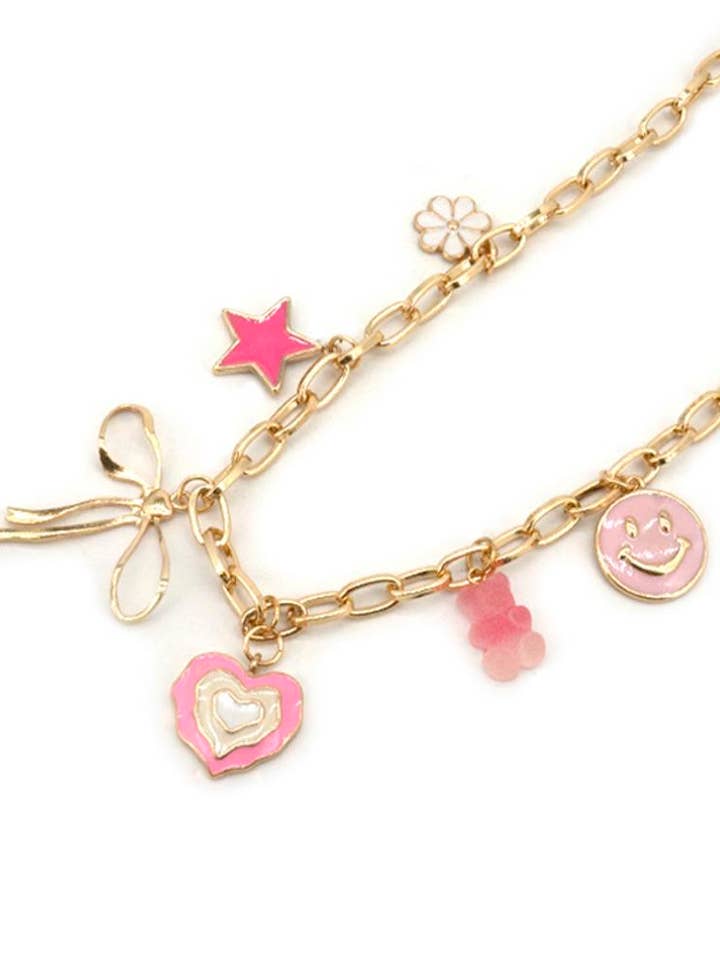 HAPPY FACE HEART MULTI CHARM NECKLACE 15-1897 for wholesale by anbfashion