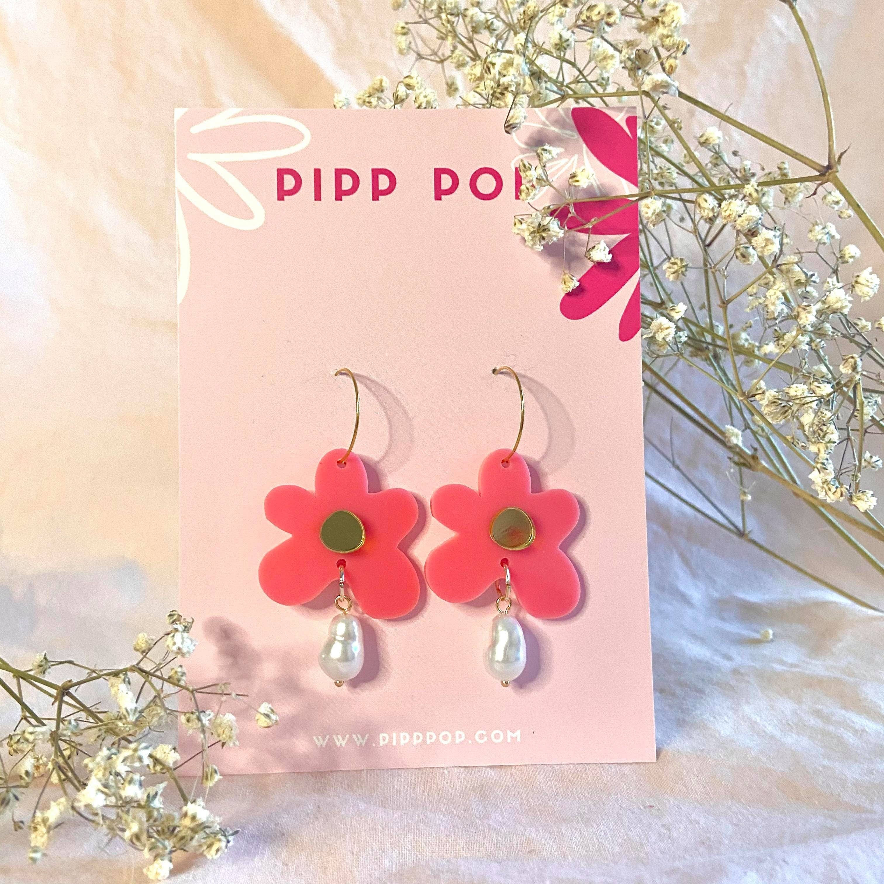 Pipp Pop - Wholesale Dangle Earrings - Petal Pearl Hoops - Pink
