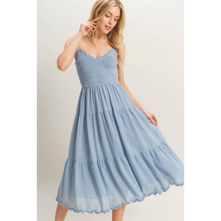 HYFVE - Wholesale Dress - Women's - HF25A760-Chiffon Smocked Bodice Tiered Midi Dress