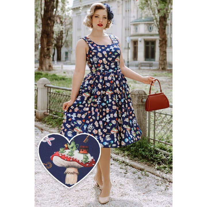 Amanda Swing Dress in Navy Blue with Wonderland Print for wholesale by Dolly & Dotty