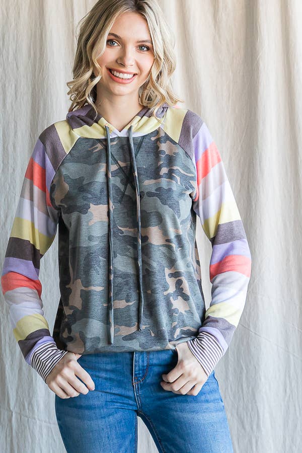 7th Ray - Wholesale Hoodie - Women's - Camo Print Stripe Raglan Sleeve Drawstring Hoodie T454914