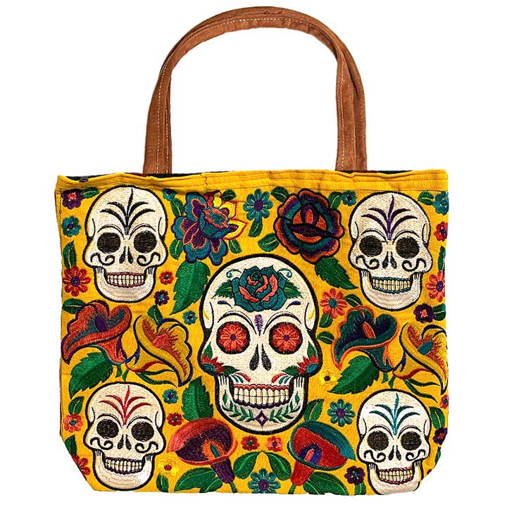 Embroidered Floral Sugar Skull Large Suede Purse Tote Bag for wholesale by Pichincha