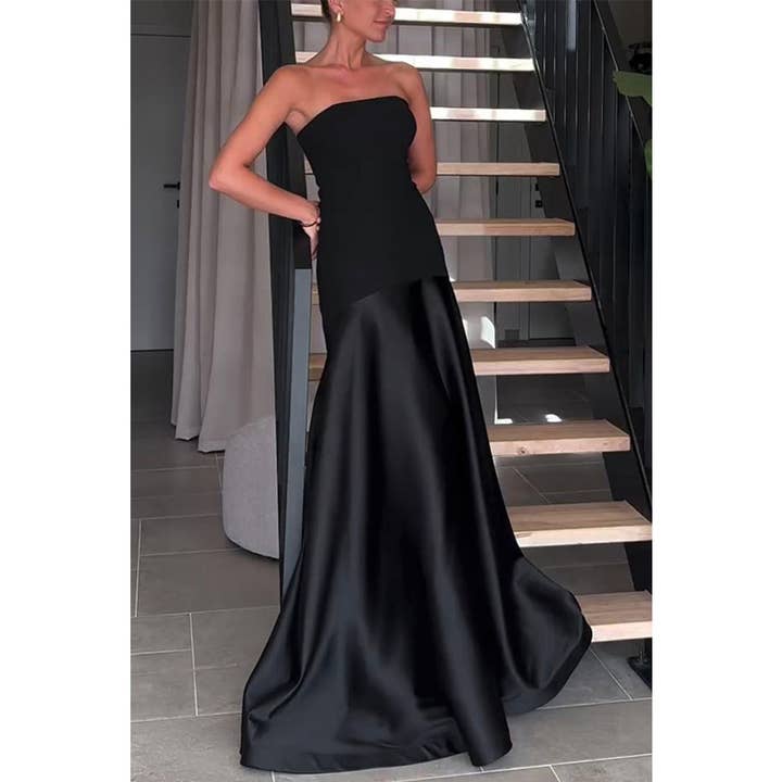 UNISHE - Wholesale Dress - Women's - Strapless Satin Sleeveless Colorblock Bodycon Dress JRM128