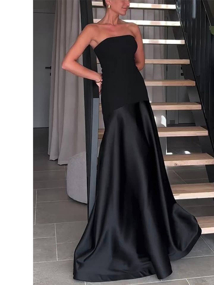 Robe moulante sans bretelles en satin sans manches à blocs de couleur JRM128 pour la vente par UNISHE