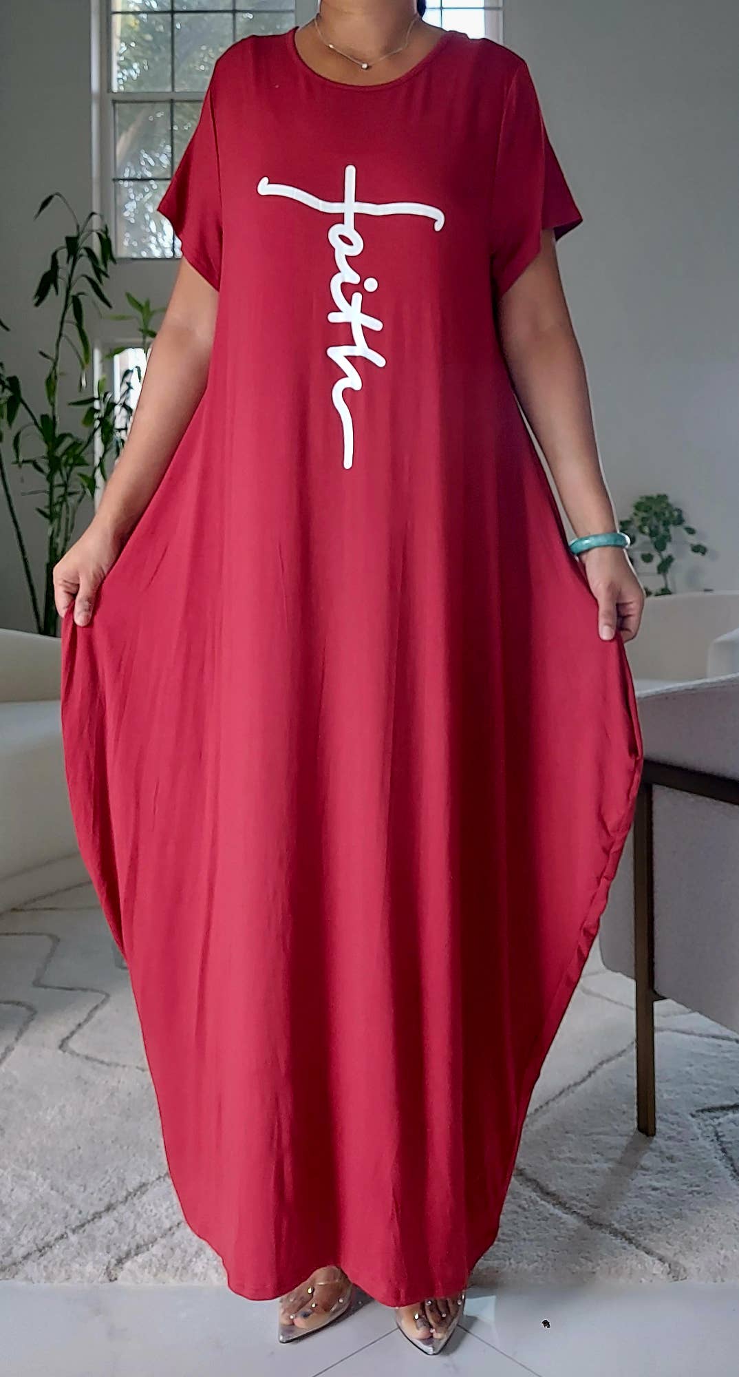 India Batik - Wholesale Dress - Women's - Faith Bubble Jersey Dress/Short Sleeve /Burgundy 2022SS