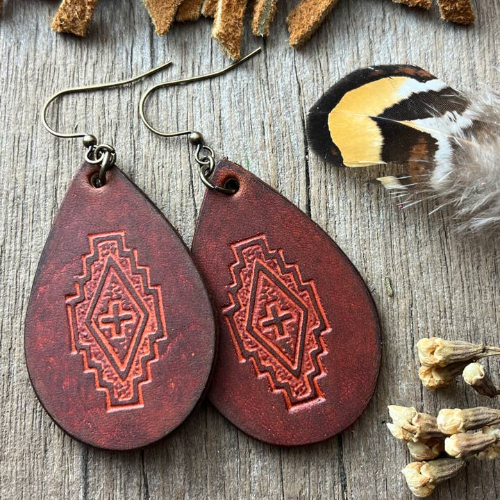 Red Pony Leather Goods - Wholesale Dangle Earrings - Tooled Leather Western Earrings Southwest Style