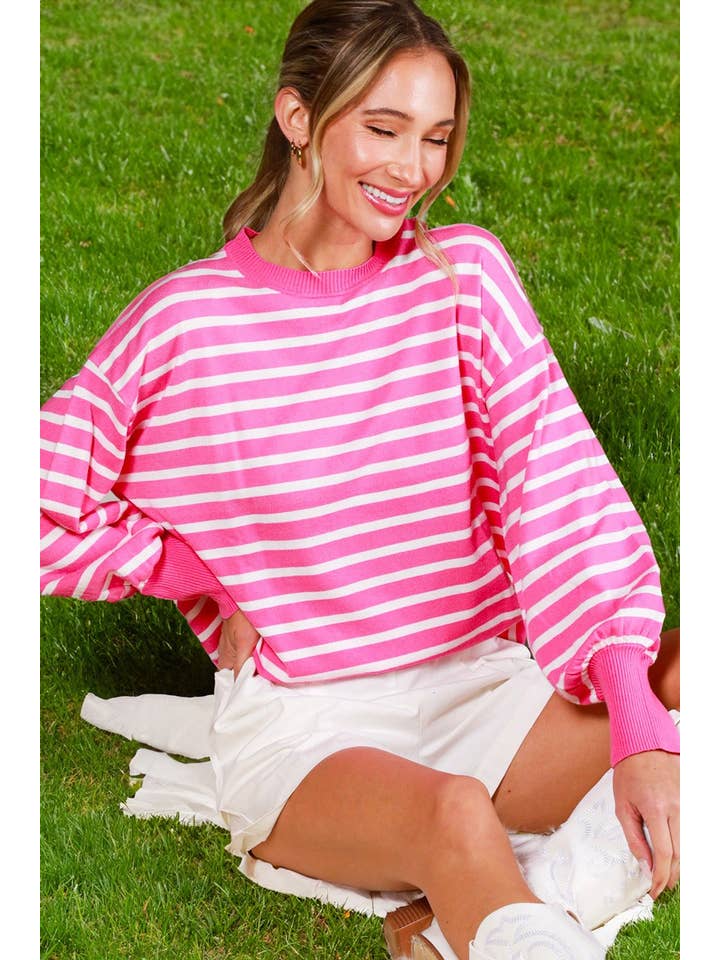 Vine & Love - Wholesale Knit Sweater - Women's - Striped Long Balloon Sleeve Knitted Sweater Top VT60387D19