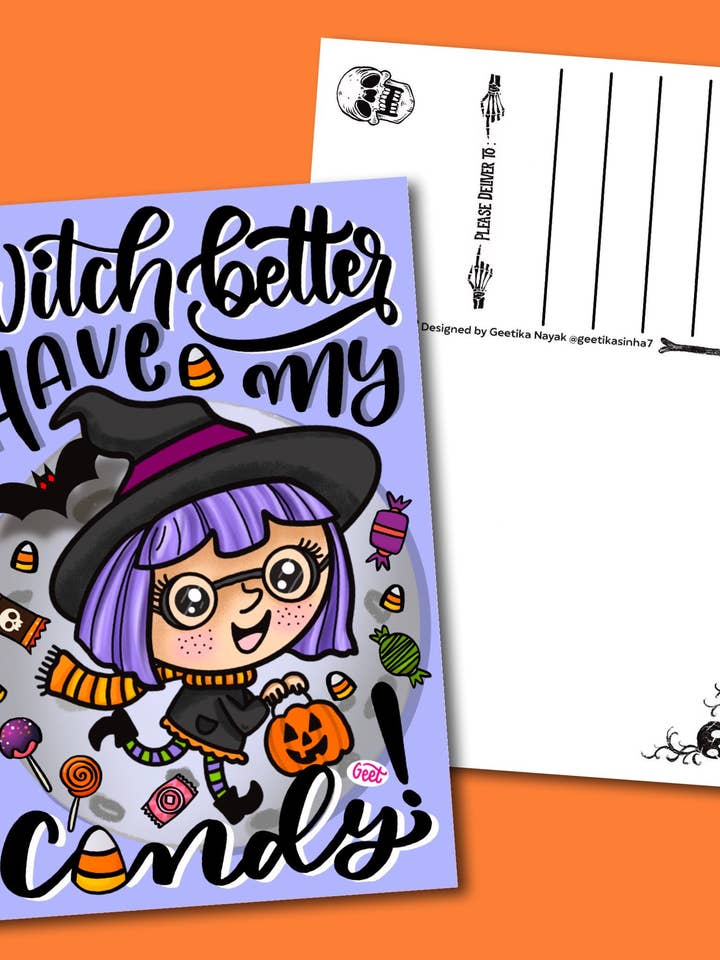 Mejor que la bruja tenga mis caramelos | Halloween Postcard para venta al por mayor de Artful Geet Creations