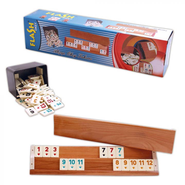Multi Colored Star Flash Wooden Rummikub Set for wholesale on Faire