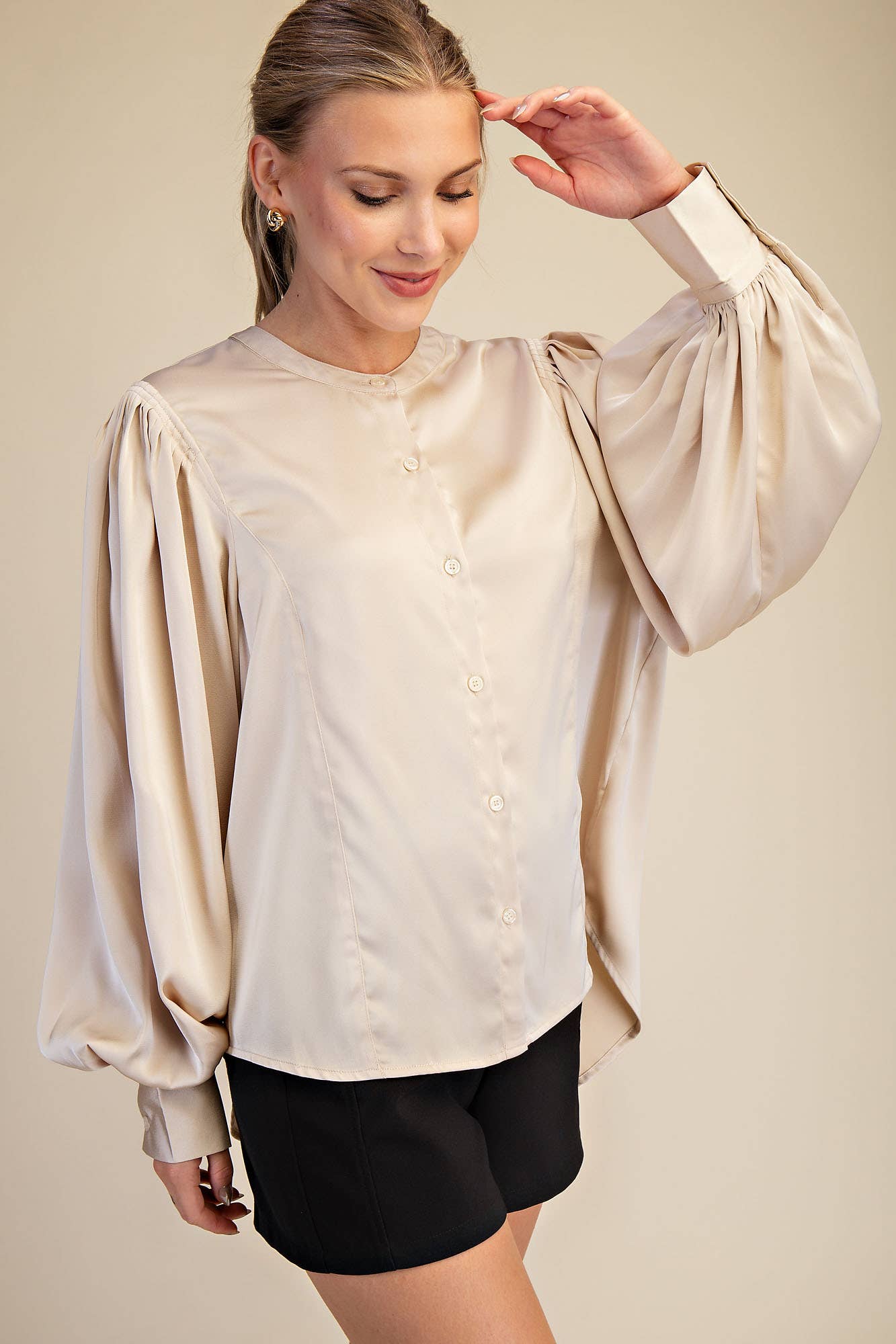 Glam - Wholesale Blouse - Women's - Round Neck Button Down Puff Long Sleeve Satin Top16