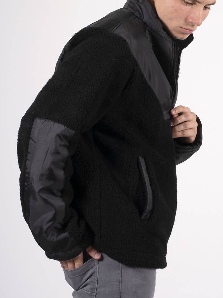 Sudadera con capucha borg híbrida con media cremallera negra para venta al por mayor de justyouroutfit