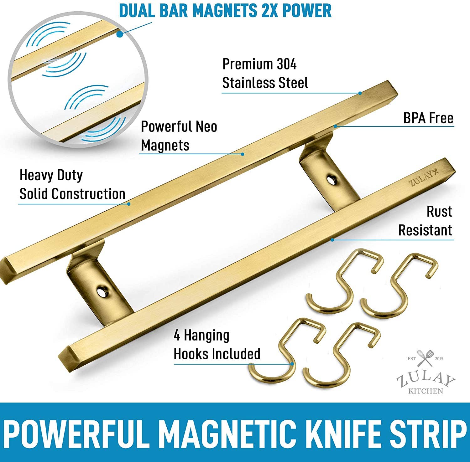 Zulay Kitchen – wholesale Knife storage – Stainless Steel Knife Magnetic Strip With Hanging Hooks17