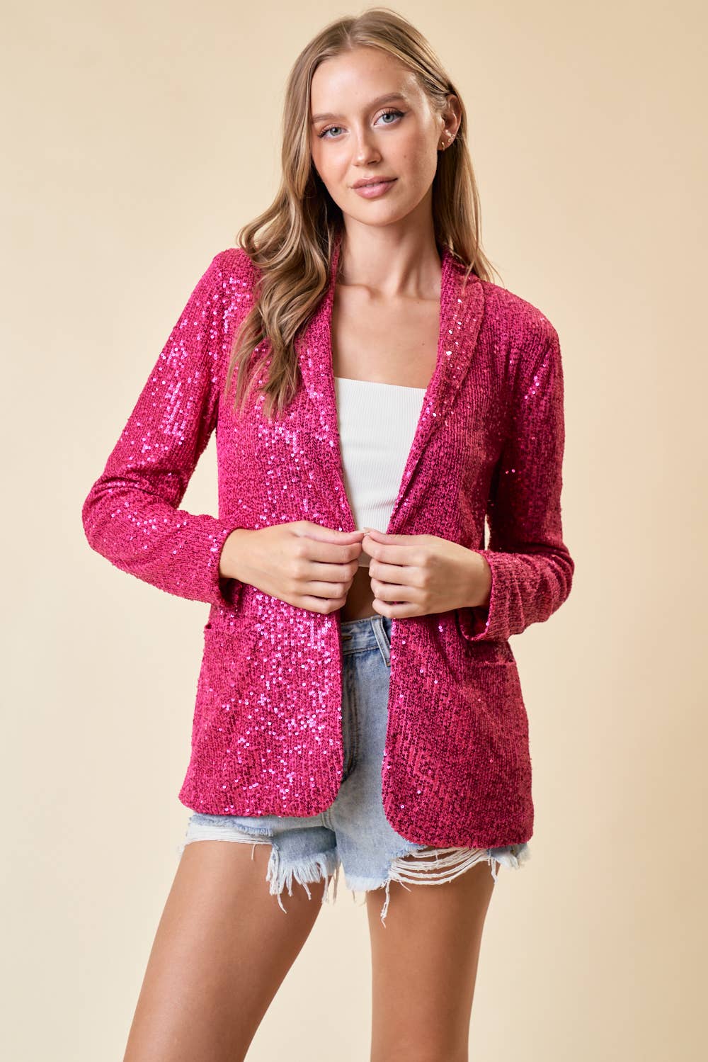FUCHSIA OPEN FRONT SEQUIN BLAZER W/ FRONT POCKET - 10518J for wholesale on Faire1