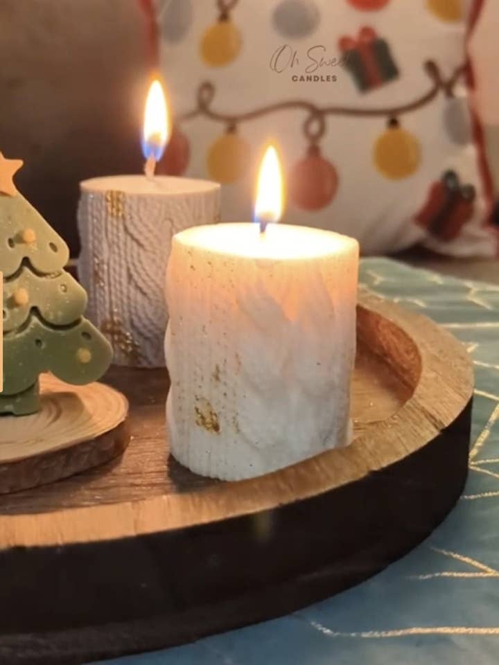 Cozy Pillar Candle - Knit Sweater, Scented Decorative Candle for wholesale by Oh Sweet Candles