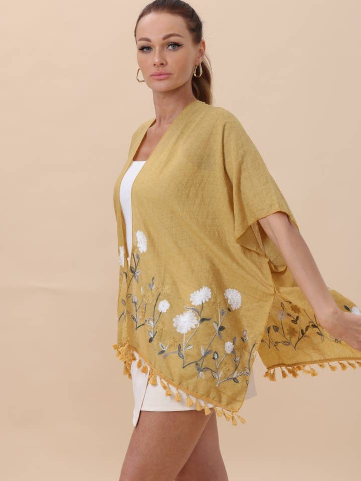 Leto Accessories - Wholesale Kimono - Women's - Floral Embroidered Tassel Hem Kimono Cardigan