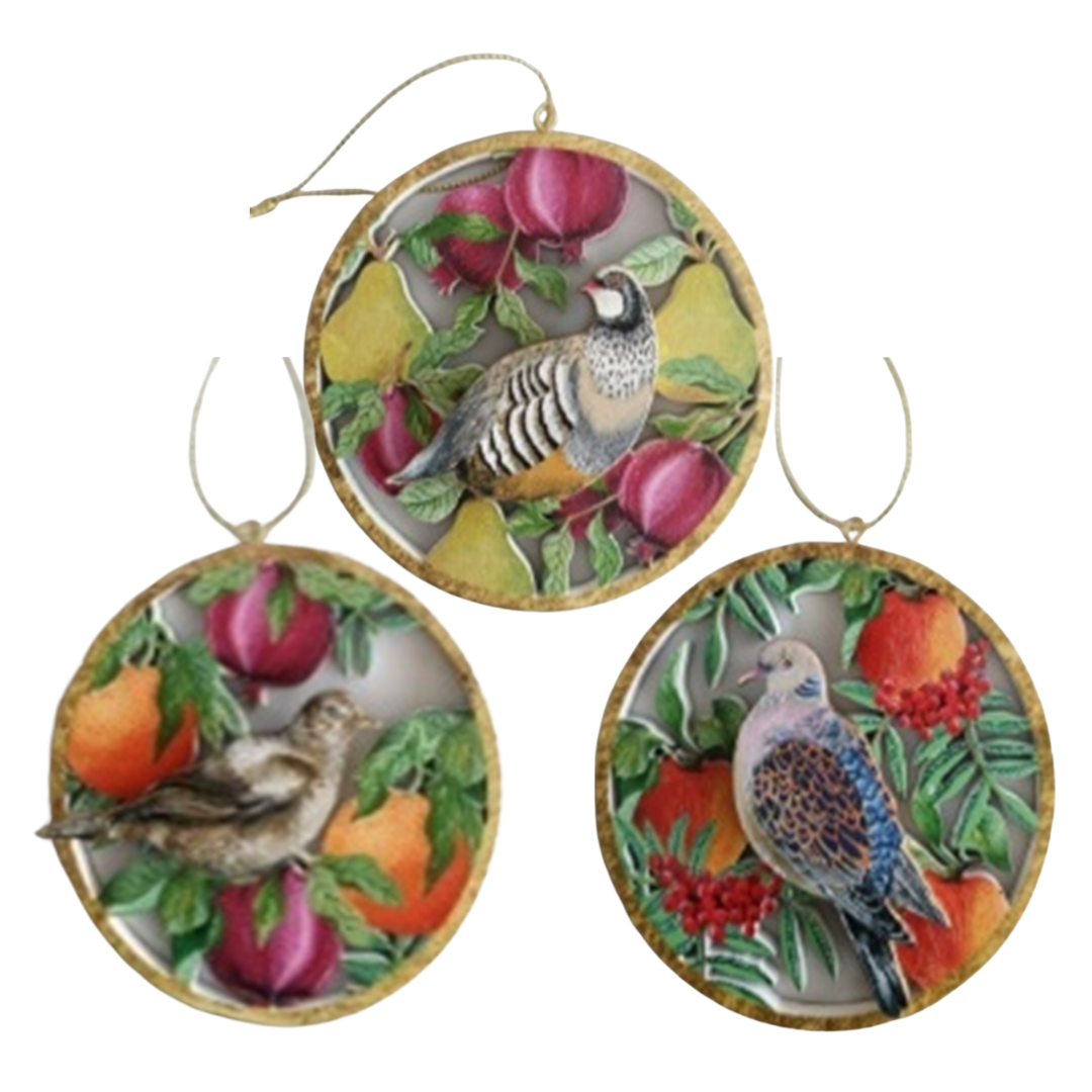 Silver Tree Home & Holiday - Wholesale Ornament - G95203: 3 Asst prntd wd disk orn,gld edge 2-sd,bird,ptrn,4in0