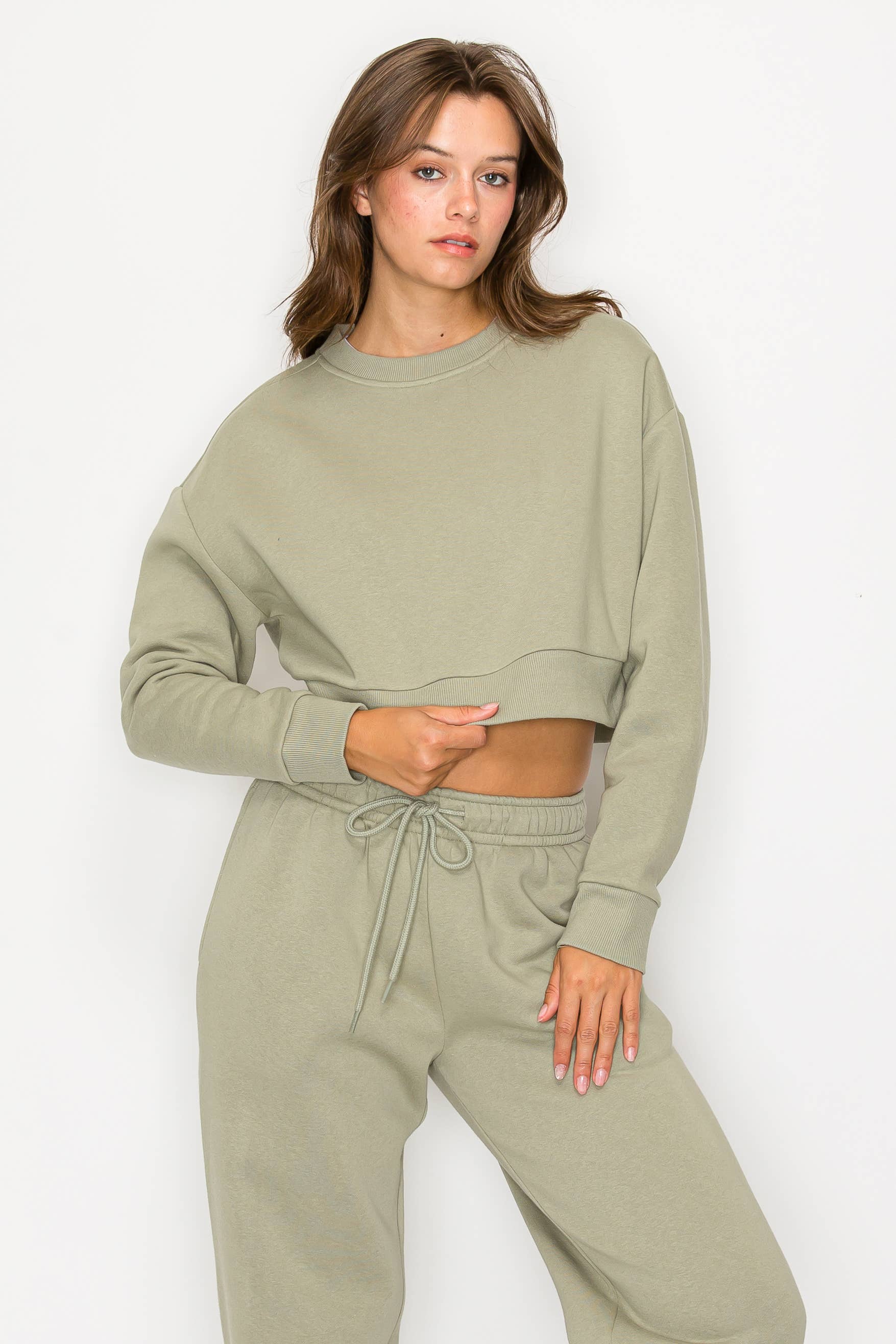 Color 5 - Wholesale Sweatshirt - Women's - Solid color fleece lined cropped basic pull over sweatshirt 24