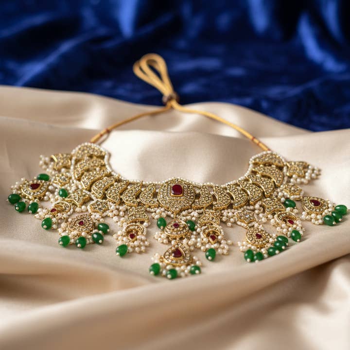 Meherbano Royal Kundan Choker and other Purchase Wholesale green statement necklace. Free Returns & Net 60 Terms on Faire trending on Faire.