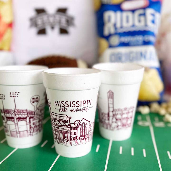 Two Funny Girls - Wholesale Disposable Cup - Foam Cup 10 Pack {Mississippi State Skyline - Starkville}2