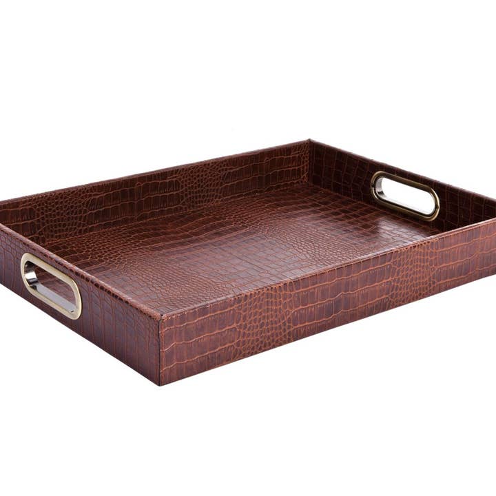 Tablett rechteckig mit Messinggriffen Kroko hellbraun für den Großhandel von Signature Home Collection GmbH