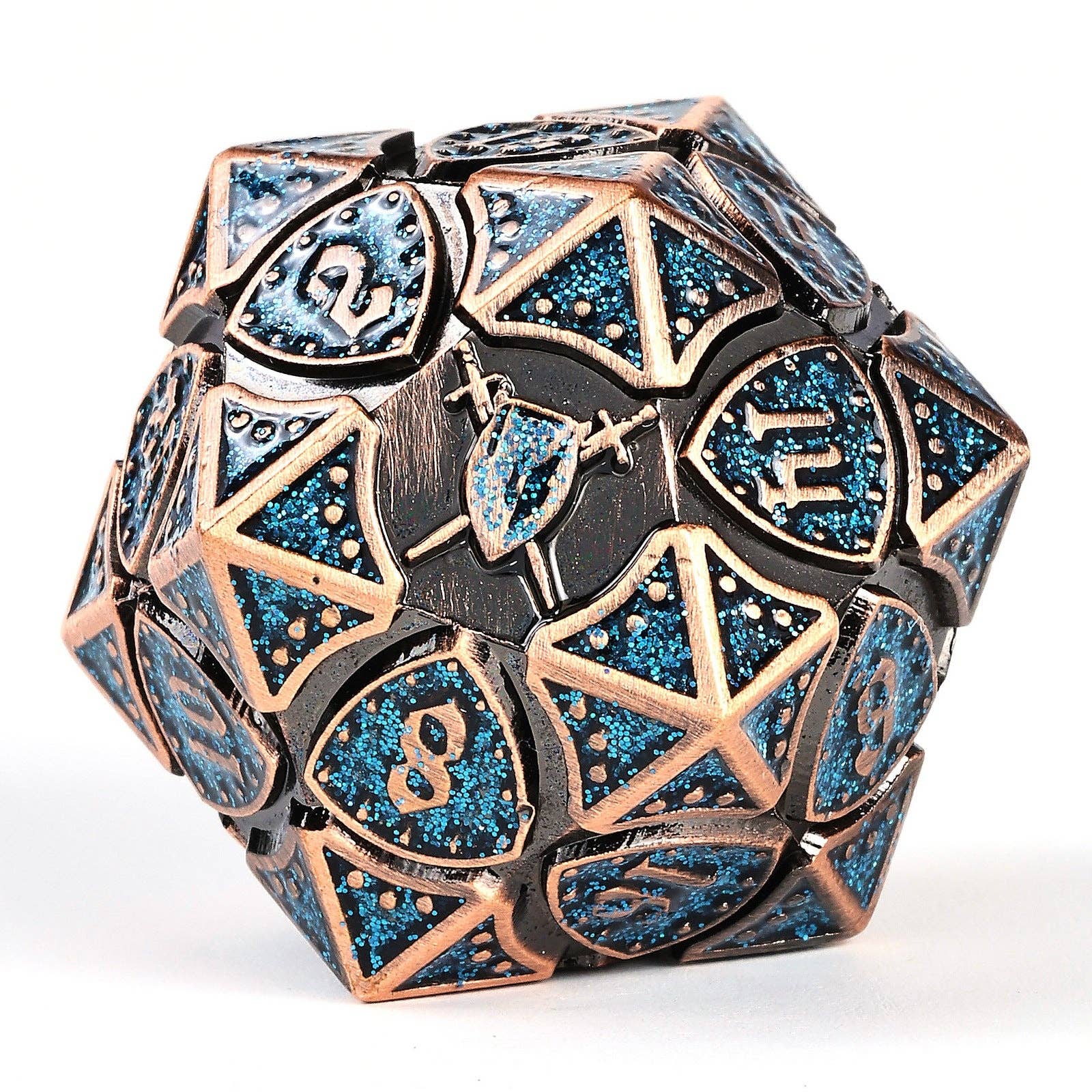 Hymgho Premium Dice - Wholesale Dice - Solid Metal Fighter RPG Dice Set - Copper w/Blue Glitter1