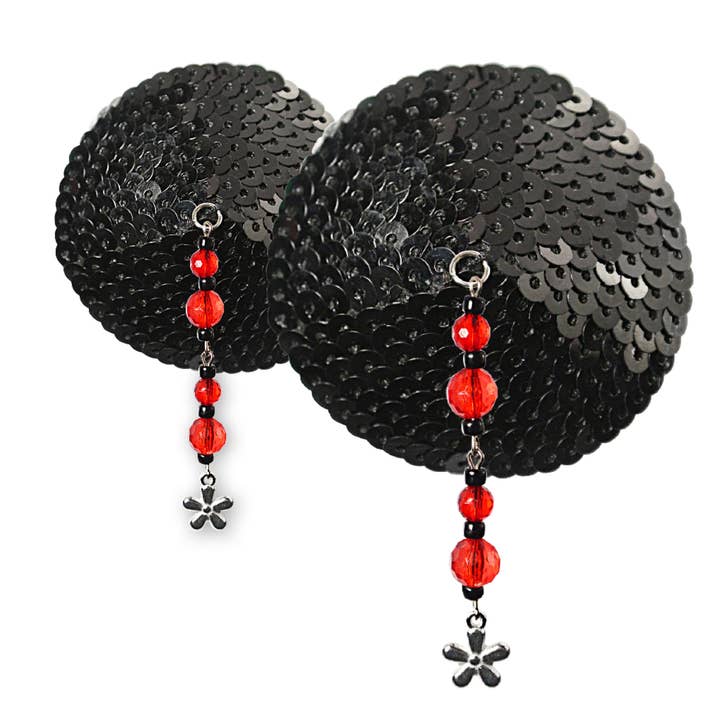 Nipple Covers Sequin Round Black - Flower Charm for wholesale by Bijoux De Nip