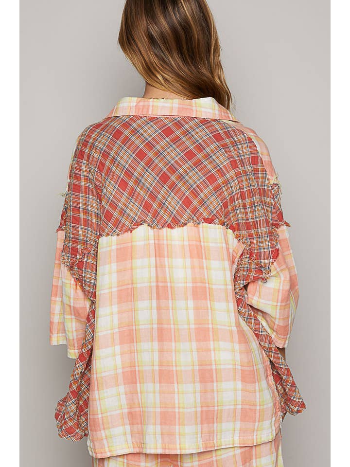 CORAL MULTI Woven plaid print quarter sleeve button down shirt SALE for wholesale on Faire
