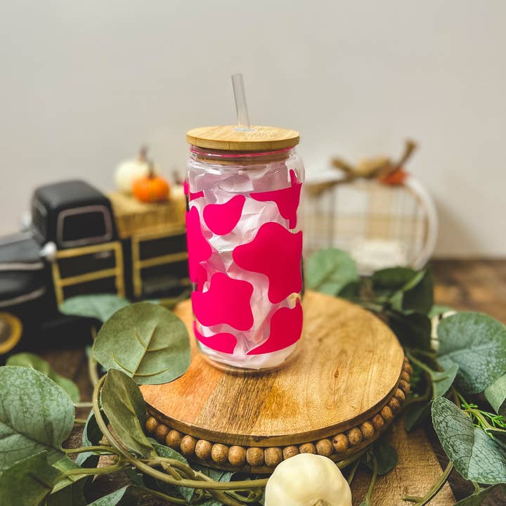 Rose Magnolias – wholesale Drinking glass/cup – Cow Print 16 os glass Cup