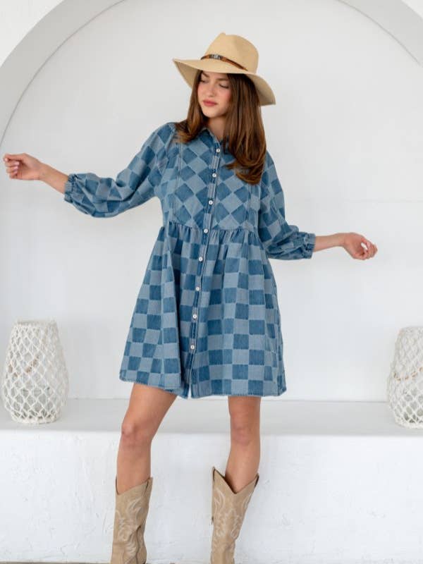 TR2048-01_WASHED GINGHEM DENIM BUTTON DOWN SHIRT DRESS for wholesale on Faire14