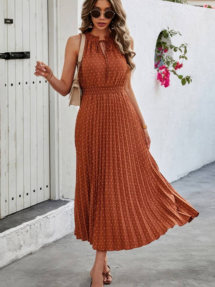 Sleeveless Dot Print Cross Fit Pleated Dress for wholesale by Ray's Organic's