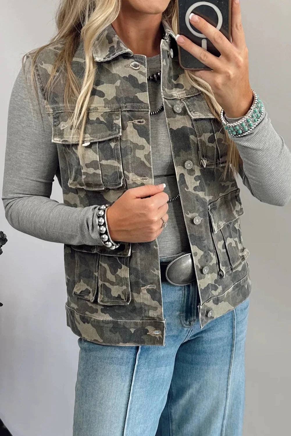 Lovesoft - Wholesale Outerwear Vest - Women's - Green Camo Cargo Denim Vest
