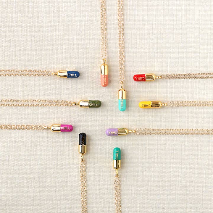 Kris Nations - Wholesale Pendant/Charm Necklace - Chill Pill Enamel Necklace 18K Gold Vermeil | Sterling Silver Charm | Gold Filled | Sterling Silver Chain Multiple Colors 16-18 Inches Nickel Free Ships from CA