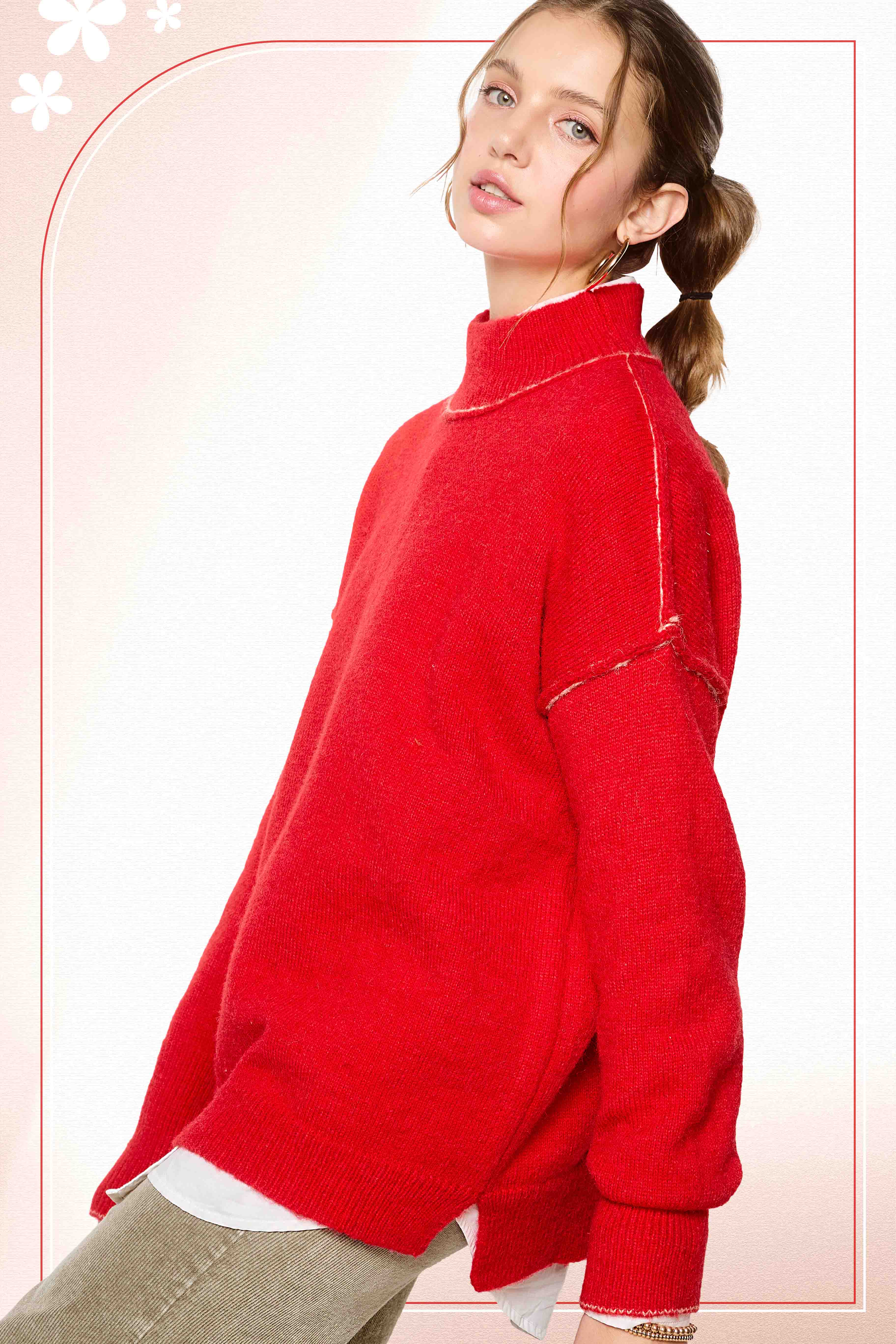 La Miel - Wholesale Knit Sweater - Women's - MCS3566-Loose Fit Mock Neck Exposed Seaming Detailed Sweater19