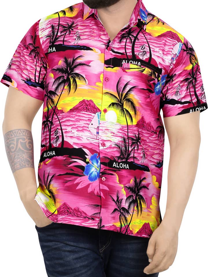 Chemises de plage hawaïennes LA LEELA pour homme, taille XS, magenta, plage pour la vente par LA LEELA \ HAPPY BAY