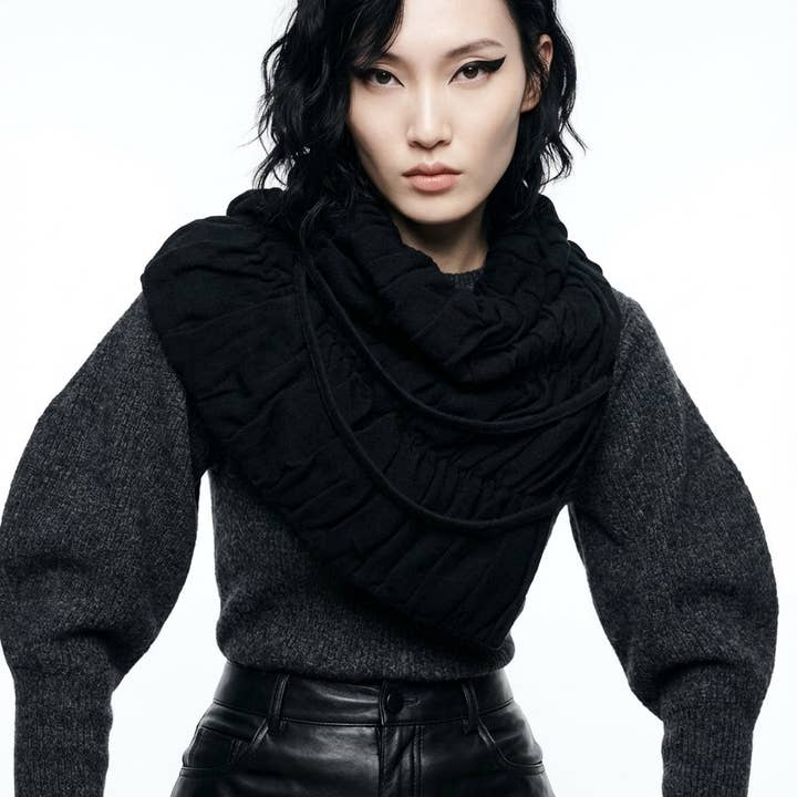 Black .Ruched Oversized Snap Cowl for wholesale by Sumie Tachibana