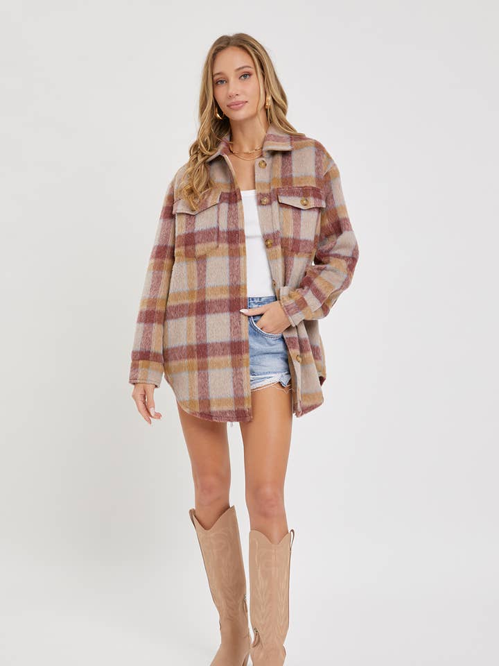 MAUVE BURGUNDY OUTERWEAR CLASSIC PLAID SHACKET/JACKET for wholesale on Faire0