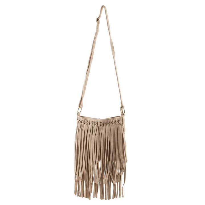 Beige Genuine Leather Fringe Crossbody Bag 2664 for wholesale on Faire
