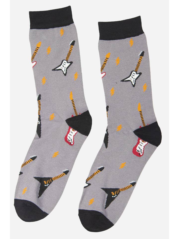 Sock Talk - Wholesale Socks - Men's - Grey Men's Electric Guitar Print Bamboo Socks1