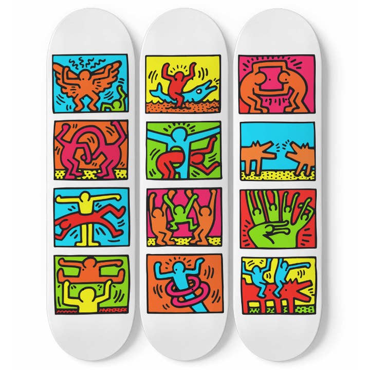 Keith Haring - Tuttomondo Inspired Black 3-piece Skateboard Wall Art for wholesale by SkateboardArtsy
