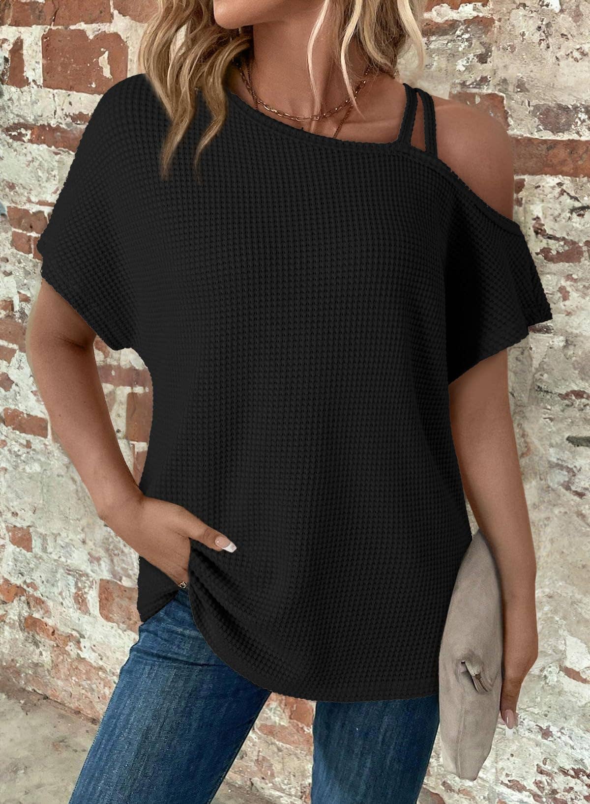 Lily Clothing - Wholesale Shirt - Women's - Short sleeved off-the-shoulder knit T-shirt6