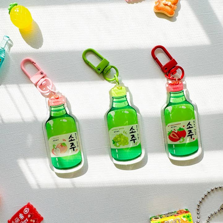 Strawberry Peach Green Grape Soju Acrylic Keychains for wholesale by PekoPuff