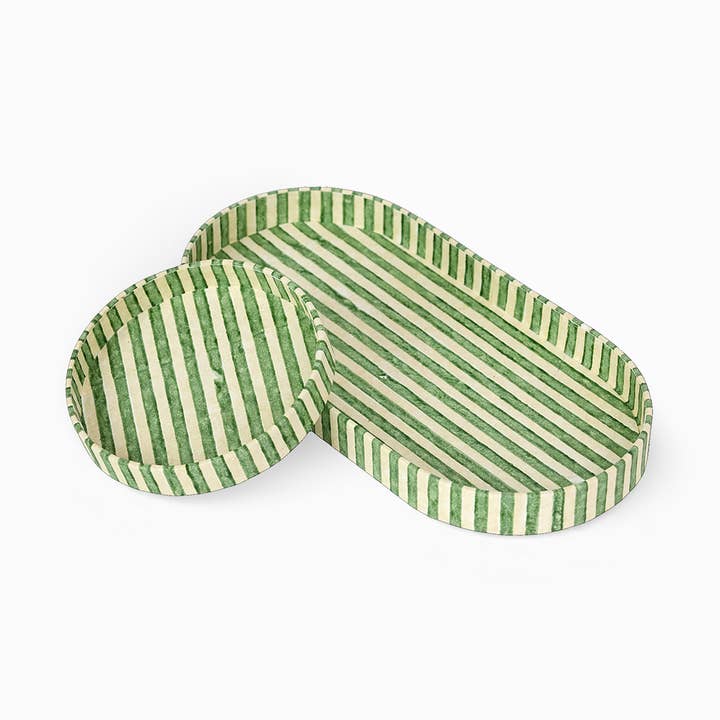 BLOCK PRINTED ROUND DESK TRAY SET - CLASSIC STRIPE GREEN for wholesale by Craft Boat