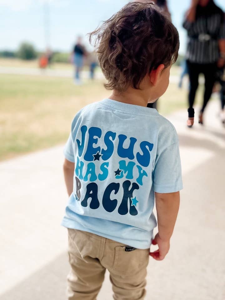 Salt + Salvation Threads - Wholesale Screen Printed T-Shirt - Kids - Jesus Has My Back - Blue Tee