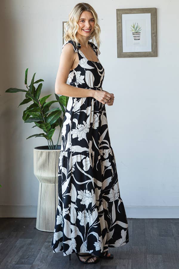 7th Ray - Vendita all'ingrosso Vestito - Donna - Vestito lungo a balze con spalline a fiocco e scollo quadrato floreale D592916