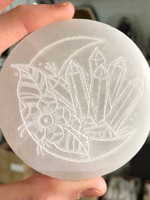 Etched Crystals on Crescent Moon Selenite Charging Plate, for wholesale by CrystalsAhoy