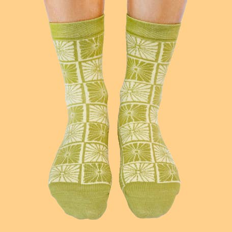 Chartreuse Flower Checkers — Knit Ankle Sock for wholesale by The SoulShine Co.
