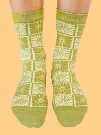 The SoulShine Co. - Wholesale Socks - Women's - Chartreuse Flower Checkers — Knit Ankle Sock